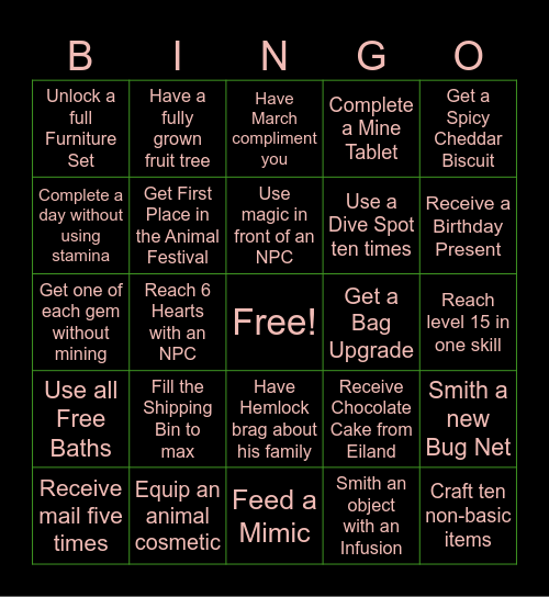 Fields of Mistria Bingo Card