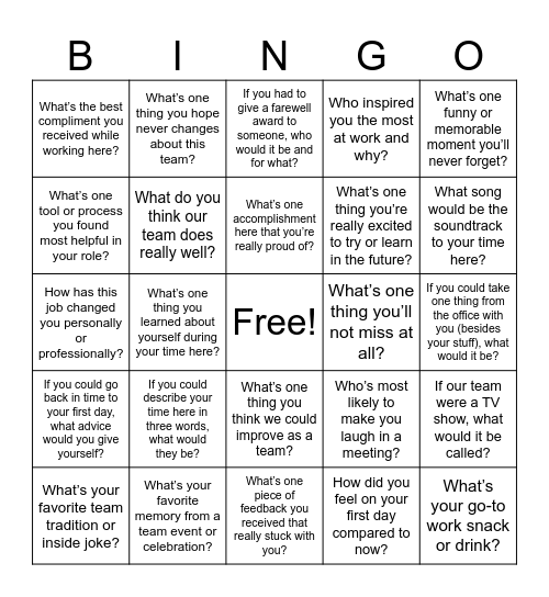 Kates's Farewell Bingo Card