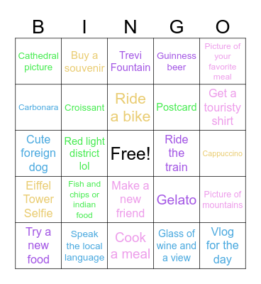James’ Europe Trip Bingo Card