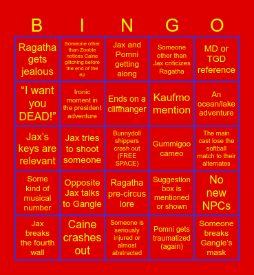 TADC Episode 5 Predictions Bingo Card