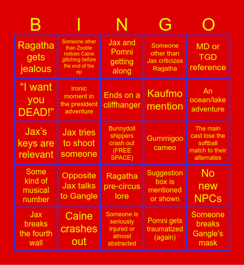 TADC Episode 5 Predictions Bingo Card