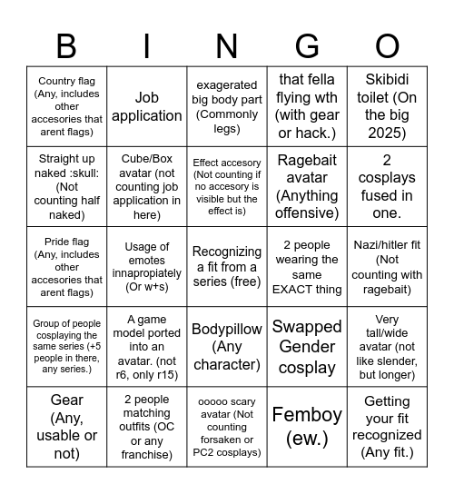 Catalog Avatar Creator bingo (Limb update) Bingo Card
