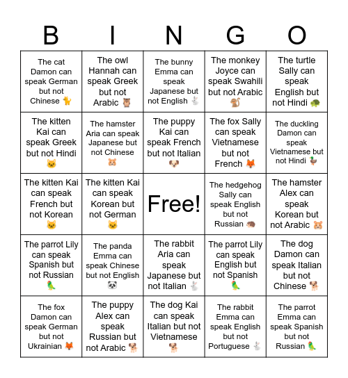 The hamster Aria can speak Japanese but not Chinese 🐹 Bingo Card