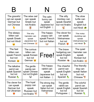 B7 U7 The friendly dog can speak Italian but not Chinese 🐕 Bingo Card