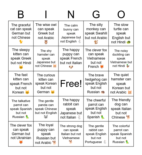 B7 U7 The friendly dog can speak Italian but not Chinese 🐕 Bingo Card