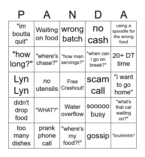 Panda Express Bingo Card