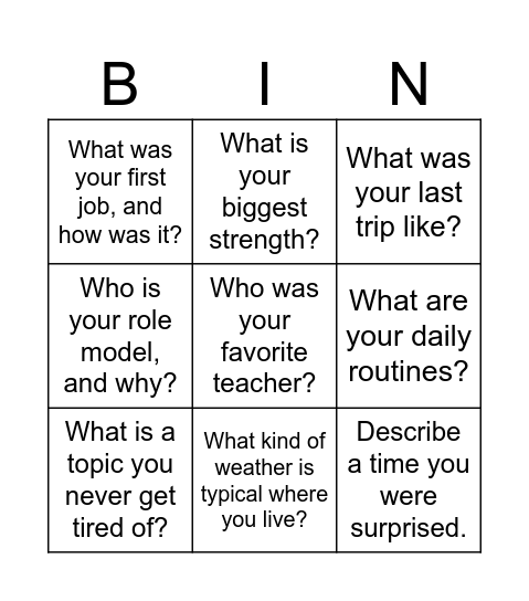 Ira Speaking Bingo Card