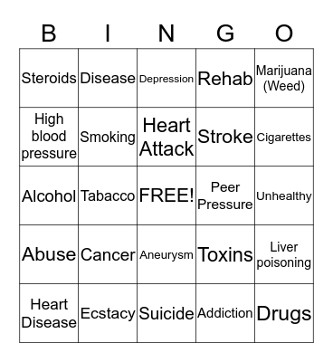 Substance Abuse Bingo Card