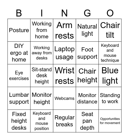 Ergonomics Bingo Card