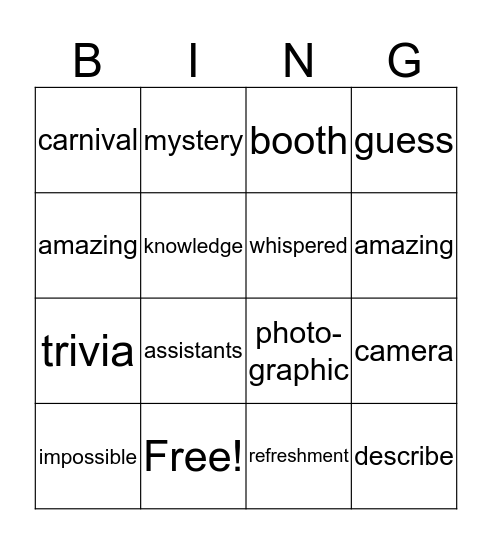 Cam Jansen Chapters 1 -3 Bingo Card