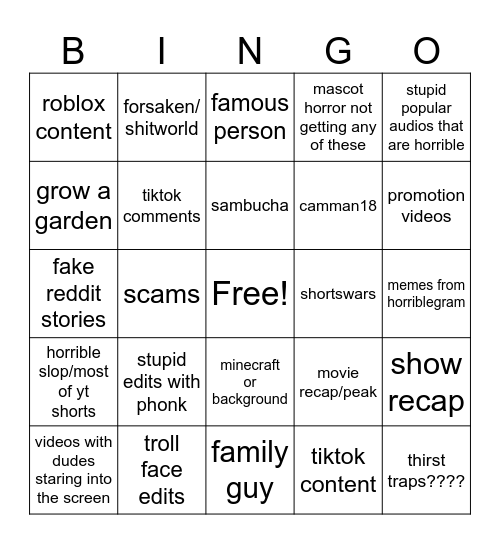yt shorts bingo Card