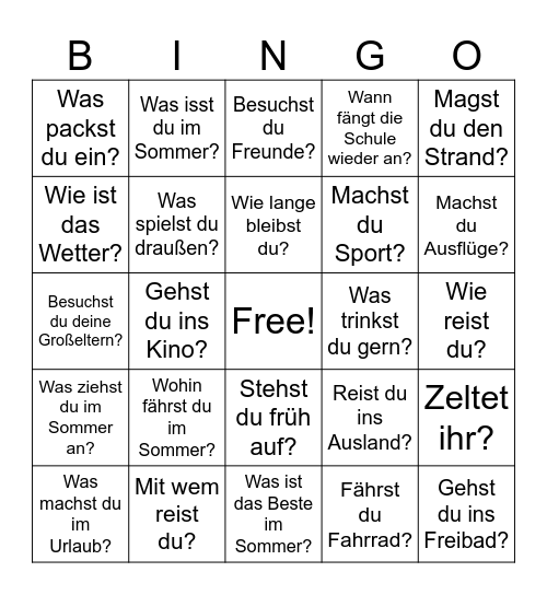 Deutsch  Thema: Sommerferien Bingo Card