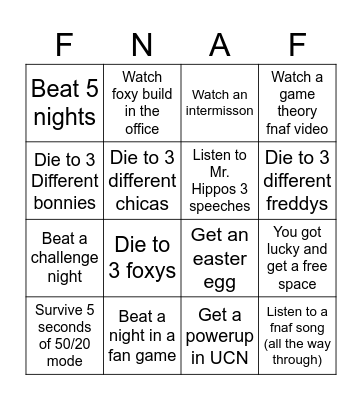 FNAF Lockout Bingo Card