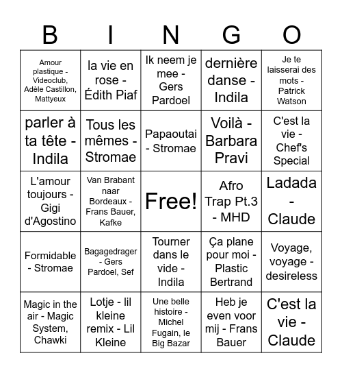 Franse liedjes bingo Card