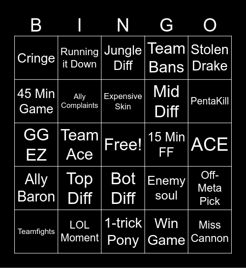 League Of Bingo Card