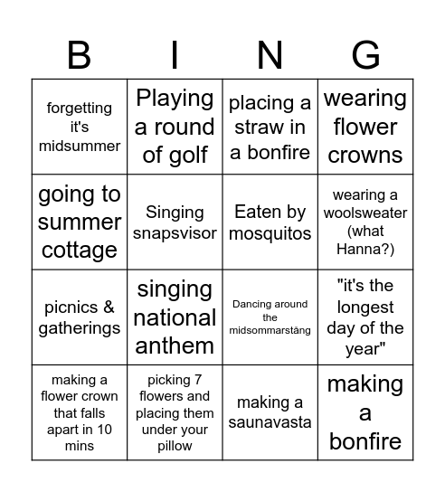 T&O Midsummer Bingo Card