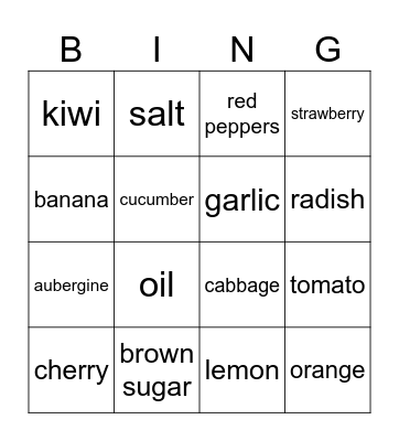 fruit and vegetables Bingo Card
