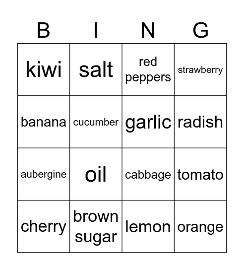 fruit and vegetables Bingo Card