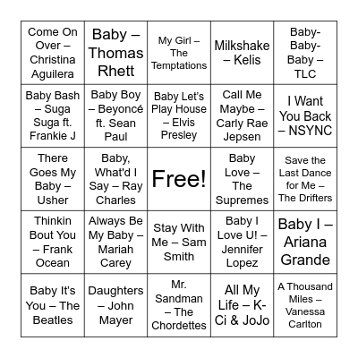 SONGS ABOUT BABY Bingo Card