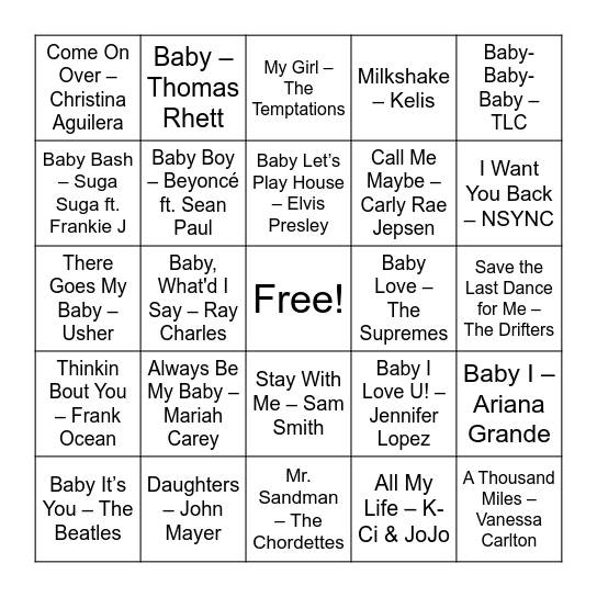 SONGS ABOUT BABY Bingo Card