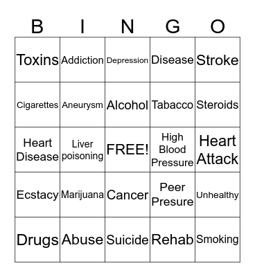 Substance Abuse Bingo Card