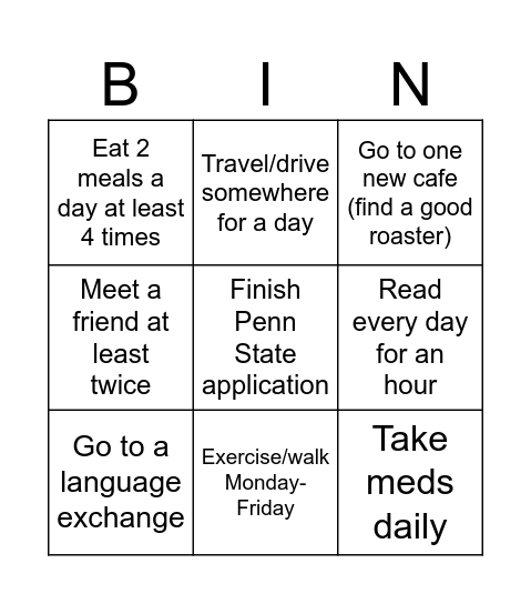 Will's 10 Days Bingo Card