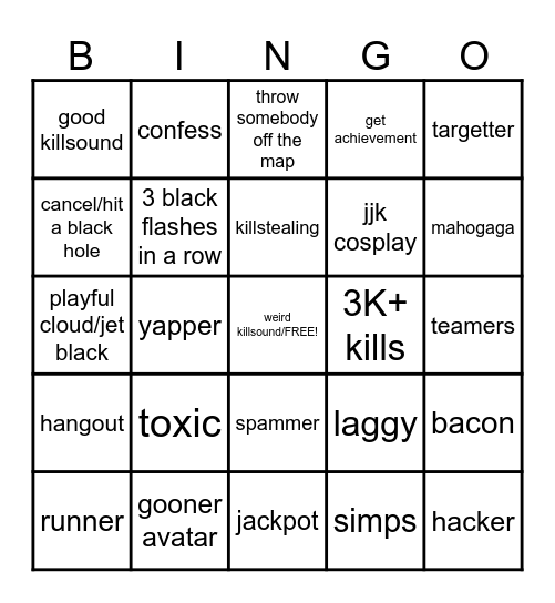 JJS Bingo Card
