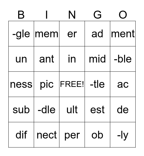 sight syllables Bingo Card