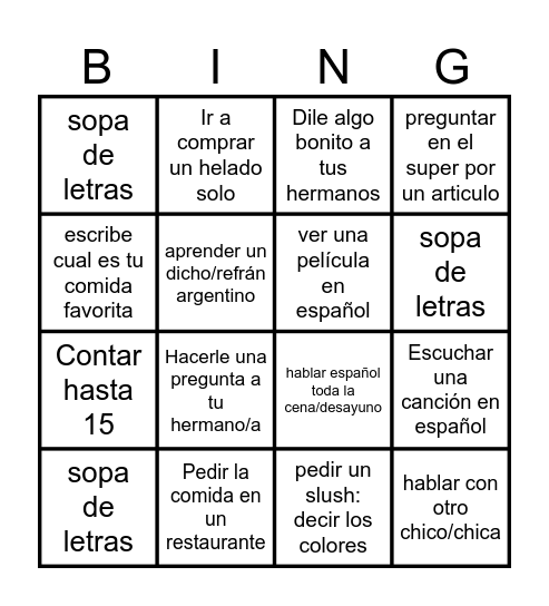 bingo de verano Bingo Card