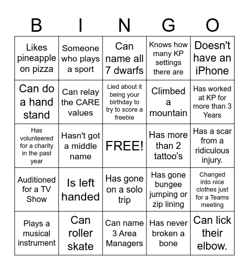 People Team Bingo Card