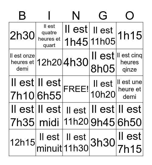 Quelle heure est-il? Bingo Card