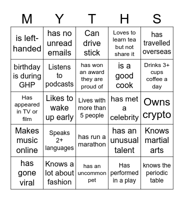 Welcome to World Mythology Bingo Card