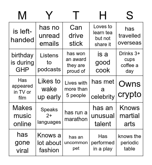 Welcome to World Mythology Bingo Card