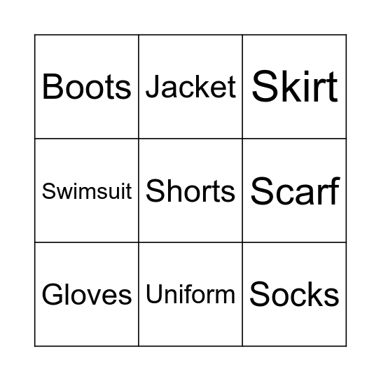 Clothes Bingo Card