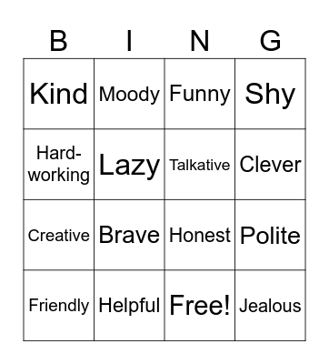 Personality Adjective Bingo Card