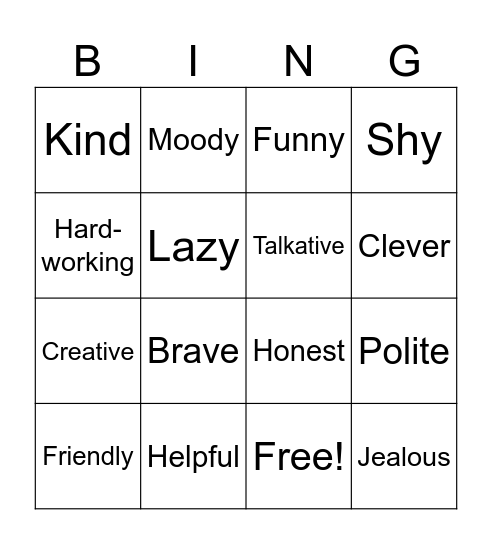 Personality Adjective Bingo Card