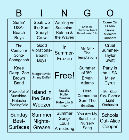Summer Song Bingo Card