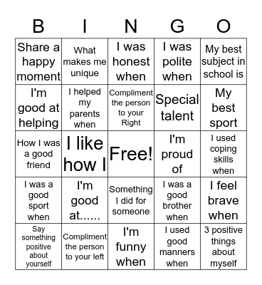 Self-Esteem Bingo Card