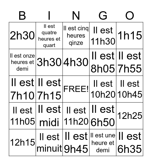 Quelle heure est-il? Bingo Card