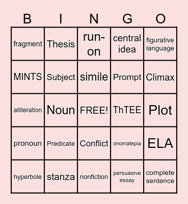 Language Arts Vocabulary Bingo Card