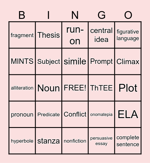 Language Arts Vocabulary Bingo Card