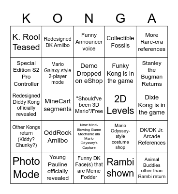 Donkey Kong Bananza Direct Bingo Card