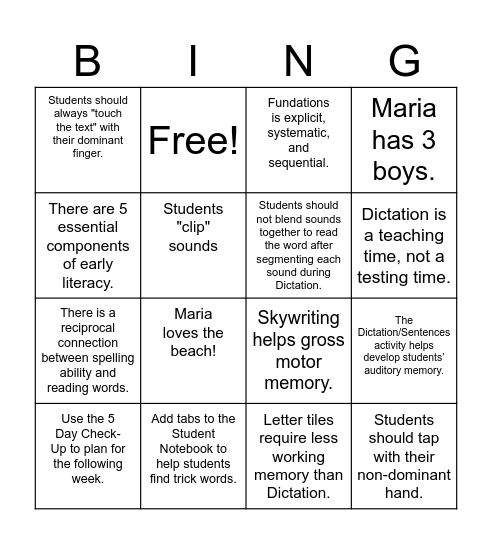 Fundations BINGO Card