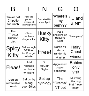 Vet. Tech Bingo Card