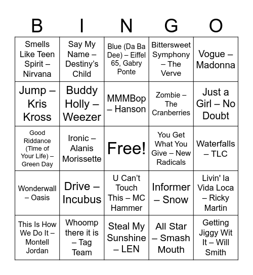 Music Bingo - 90s Hits! Bingo Card