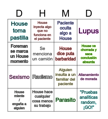 Los fetiches en Dr.House M.D. Bingo Card