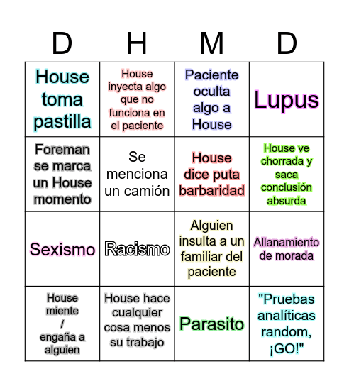Los fetiches en Dr.House M.D. Bingo Card