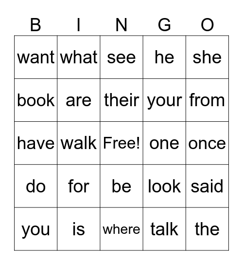 Heart Words Bingo Card