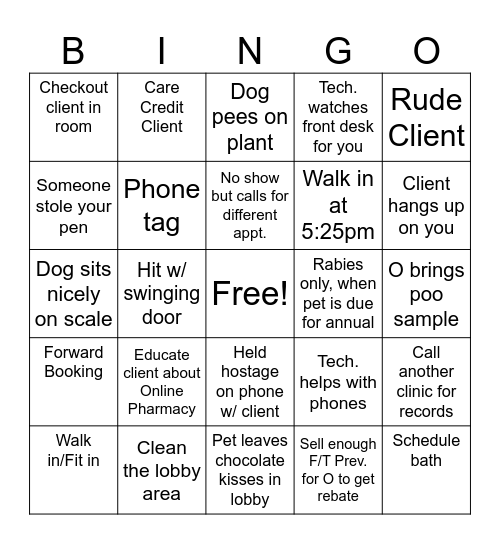 Receptionist Bingo Card