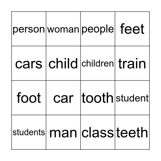 Singular Plural Bingo Card